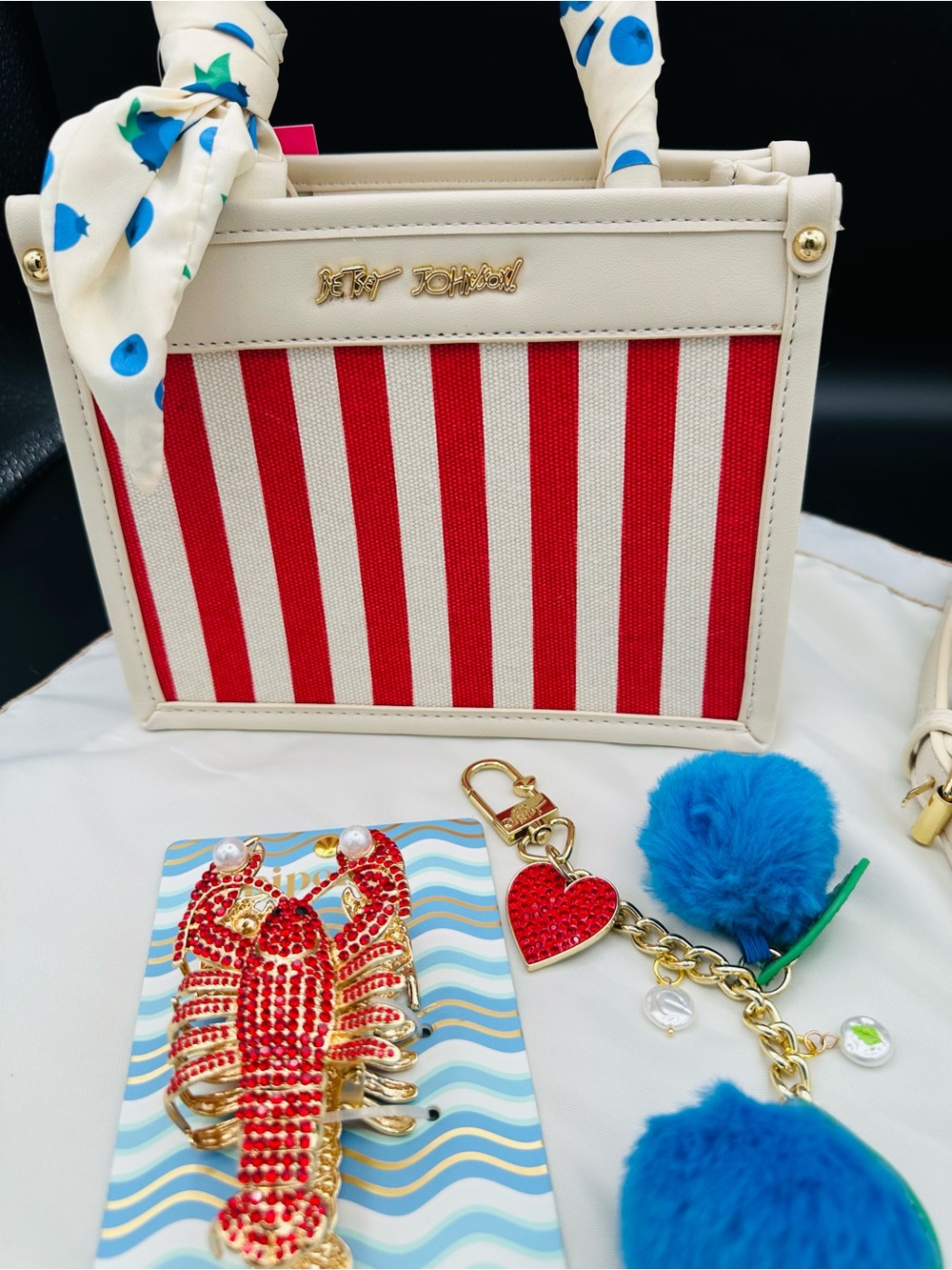 Betsey Johnson Red & White Stripe Satchel with Blue Pom Charm